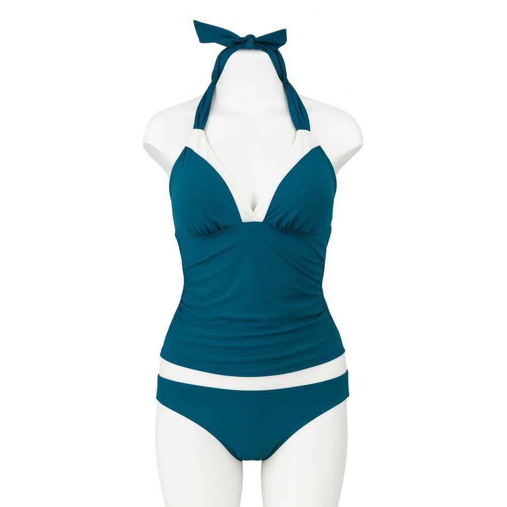 B2PRITY Womens Teal White Halter‎ Tankini Swimsuit Set Ruched High Waist Small